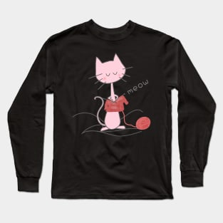 Pink Knitting Cat - Soft Pink Long Sleeve T-Shirt